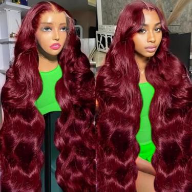 Imagem de Perucas de cabelo humano 24 polegadas 99j Borgonha Lace Front Wig 13x6 HD Borgonha cabelo humano densidade 200 onda frontal peruca colorida vinho vermelho perucas cabelo humano