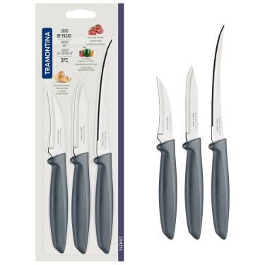 Imagem de Conjunto de Facas Tramontina Plenus em Aço Inox e Polipropileno - Cinza - 3 Peças