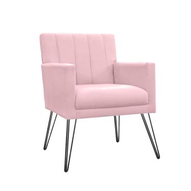 Imagem de Poltrona Estofada Para Hall de Entrada com Pés de Ferro Cecília Suede Rosa Bebe - LM DECOR