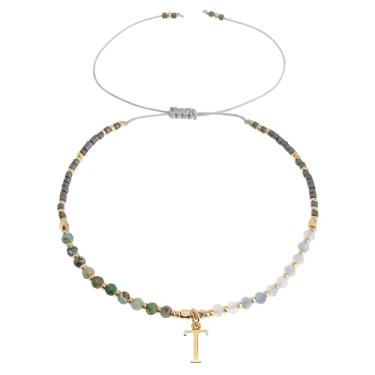 Imagem de Frigotine Pulseiras com inicial de pedra natural com contas douradas para mulheres e adolescentes, boêmio feito à mão cinza preto personalizado contas de pedra turquesa nome da letra pulseira