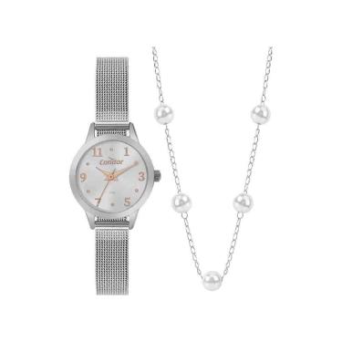 Imagem de Kit Relógio +Cordão Condor Mini Prata Feminino Co2035Nht/K4K