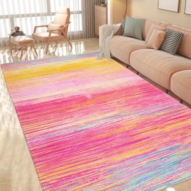 Imagem de USTIDE Tapete grande arco-íris, 1,8 m x 2,5 m, lavável, rosa, listrado para sala de aula/sala de estar, tapete antiderrapante para sala de jogos, berçário