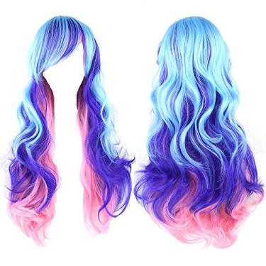 Imagem de S-SSOY 68,5 cm perucas femininas anime cosplay longa ondulada fantasia ombré rosa roxo azul gradiente Lolita Harajuku estilo colorido ondulado peruca de festa de Halloween sintético com franja para