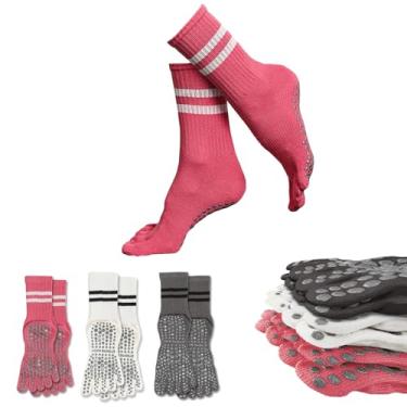 Imagem de Sunolkie Meias antiderrapantes de Pilates Yoga – Meias longas de compressão de dedos para mulheres, desodorante absorvente de suor, antifricção, Vermelho rosa, branco, cinza escuro, One Size