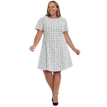 Imagem de London Times Vestidos femininos femininos Heritage Knit Boucle Houndstooth manga curta Fit & Flare Work Dresses para convidados de casamento, Preto/branco/dourado, 50