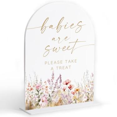 Imagem de Boho Floral Babies are Sweet Sign, decoração de mesa de sobremesa de chá de bebê, decoração reveladora de gênero, placa de acrílico em arco com base para chá de bebê, centros de mesa, suprimentos de