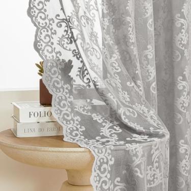 Imagem de Cortinas de renda cinza 222 cm de comprimento, 2 painéis, florais, transparentes, para sala de estar, quarto, bolso de varão, filtro de luz, cinza neutro, janela grande, decoração de privacidade para