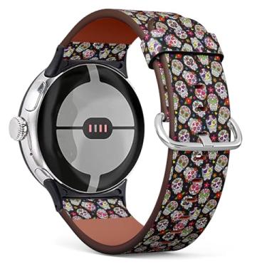 Imagem de THAZEE Pulseira de couro para relógio inteligente compatível com Google Pixel Watch 2 (2023)/Pixel Watch (2022) (Dead Sugar Skulls)