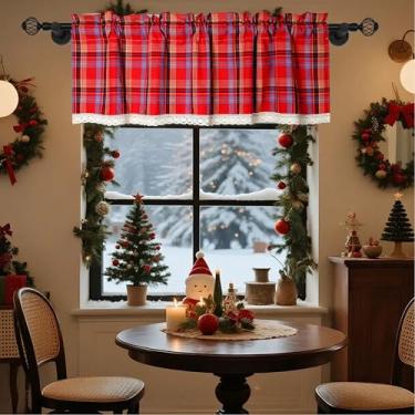 Imagem de Bentrilisa Saia xadrez xadrez para janela de cozinha tartã escocesa vermelha listrada fazenda campo cortinas de Natal com acabamento em renda, 142 x 45 centímetros