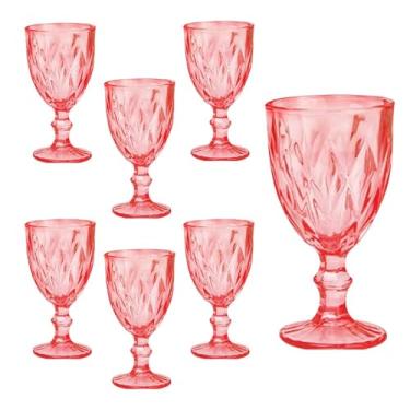 Imagem de Conjunto de 6 Taças Diamante para Água e Vinho, 320ml, Vidro Rosa