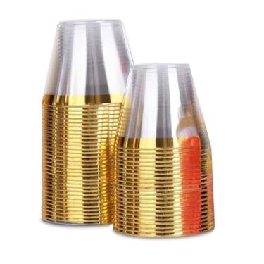 Imagem de Kit 50 Copos Acrílico 9oz/270ml Lavável Descartável Cristal,copo transparente com borda dourado
