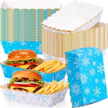 Imagem de Dunzoom 60 bandejas de comida de papel de floco de neve de Natal, pratos de Natal, filme, noite, lanches, barcos nacho, descartáveis, para decoração de festa no país das maravilhas (azul)