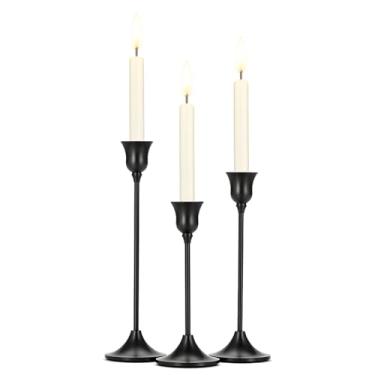 Imagem de Tifanso Suporte de vela preto – 3 peças de castiçal alto de pilar cônico, decoração vintage de metal, mesa de jantar, sala de jantar, decoração de centro de mesa para casamento, lareira e cornija