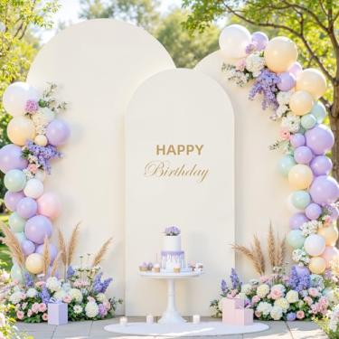 Imagem de Conjunto de 3 capas de arco bege (7,2 pés, 1,8 m, 1,8 m) capa de fundo de arco de elastano de casamento 2 lados esticável topo redondo Chiara para festa de aniversário, chá de bebê, recepção, banquete