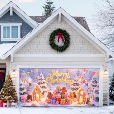 Imagem de HOMETITUTE Faixa de Natal para porta de garagem 4 x 1,8 m Cena de neve de inverno Feliz Natal Pano de fundo com letras douradas com caixas de presente, bandeiras de árvores de doces para decoração de