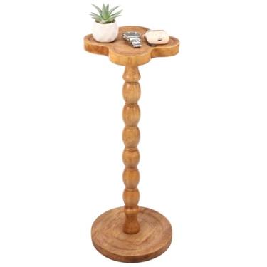 Imagem de Mesa lateral com pedestal de madeira, mesa pequena de 24 cm L x 61 cm A, base pesada, estrutura resistente, destaque moderno, perna de madeira maciça para sala de estar, quarto, cantos e escritório