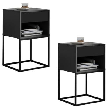 Imagem de Kit 2 Mesas de Cabeceira Base de Aço 1 Gaveta Corrediça Telescópica mesa de cabeceira com gaveta Alt 61,5 cm Larg 38 cm Prof 36,2 cm(Preto/Pé Preto)