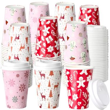 Imagem de Jingmore Pacote com 120 xícaras de café descartáveis de Natal de 340 g com tampas, xícaras de café espessas rosa de Natal para chocolate quente bebidas de chá, bebidas de inverno, Natal, festas de fim