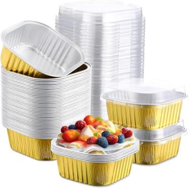 Imagem de 50 Peças Forminhas de Alumínio 10 oz com Tampas Descártáveis para Bolo Cupcake Comida Brownie Pudding Sobremesas Cozinha Baking Congelador-Safe