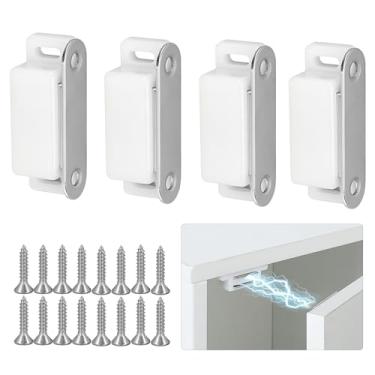 Imagem de Pacote com 4 ímãs de armário para fecho, trava magnética magnética forte para armários de cozinha, quarto, guarda-roupa, armário (branco)