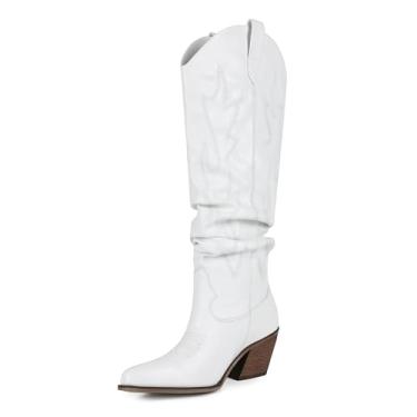 Imagem de Abbleet Botas femininas caubói, cano alto, cano alto, botas de cowgirl, bico fino, estilo caubói, botas de puxar para outono e inverno, Branco, 35