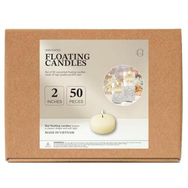 Imagem de CW Studio Pacote com 50 velas flutuantes marfim sem cheiro de 5 cm – Queima longa de 6 horas, sem fumaça – cera de parafina premium – perfeita para casamentos, festas, spa, centros de mesa, ocasiões