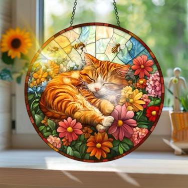 Imagem de Apanhador solar de acrílico colorido, estilo vitral estampado de gato animal com reflexos de arco-íris, arte de parede para decoração de janela suspensa, ornamentos de Natal para uso interno e externo