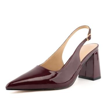 Imagem de heelchic Salto Slingback feminino salto bloco bico fino fechado salto grosso sapato vestido de casamento confortável, Vinho tinto, 34