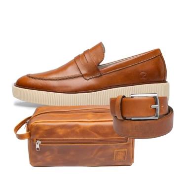 Imagem de Sapato Social Mocassim Masculino em Couro, Sola Tratorada 2cm, Estilo Elegante com Cinto e Necessaire (Whisky, BR, Adulto, Numérico, 43)