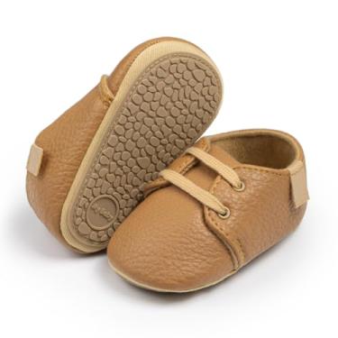 Imagem de Tênis Oxford para bebês meninos meninas couro PU sola de borracha macia antiderrapante infantil tornozelo mocassins First Walker, A01/marrom, 12-18 Months Toddler
