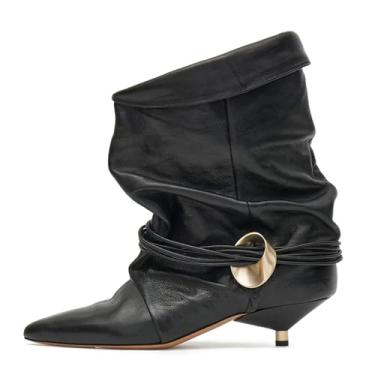 Imagem de Botas femininas despojadas de salto gatinho bico fino camurça cano curto casual inverno botas curtas, Poliuretano preto, 37