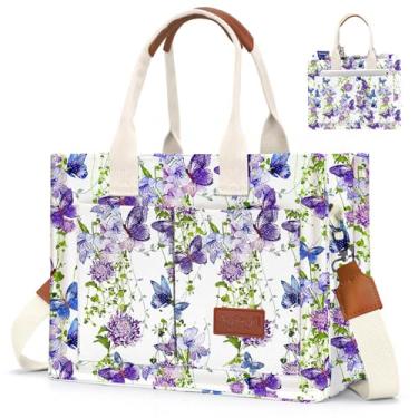 Imagem de Bolsa de lona feminina com bolsos, bolsa transversal, bolsas de ombro, bolsas de trabalho casuais, bolsa de mão, Roxo/Borboleta