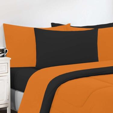 Imagem de Kit Edredom + Jogo De Lençol Malha 100% Algodão Gran Moratta 5 Peças Solteiro - Laranja -preto