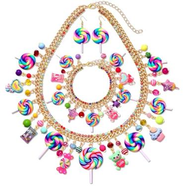 Imagem de XOCARTIGE Brincos de colar de doces para mulheres, colar de bengala doce de Natal, brincos de pirulito, acessórios de fantasia Candyland, roupas de Halloween, Natal, lembrancinhas de festa de