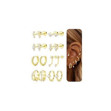 Imagem de Dochais Argola hipoalergênica plana banhada a ouro 14K - Conjunto de brincos de aço inoxidável cirúrgico com corrente de cartilagem - Brincos pequenos de orelha para mulheres na moda, Latão + haste de