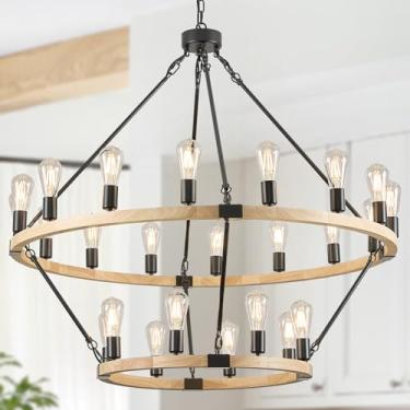 Imagem de Poemoon Lustre de roda de vagão de madeira para casa de fazenda, 24 luzes, 2 camadas, lustres redondos de metal preto de 119 cm, luminárias rústicas naturais de 2 andares para teto alto, sala de