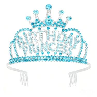 Imagem de Wecoe Tiara de princesa azul com strass de coroa de aniversário com pentes, lembrancinhas de festa de feliz aniversário, decorações rosa 16, 18, 21, 25, presentes para ela