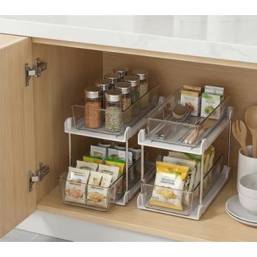 Imagem de Pacote com 2 organizadores de banheiro e armazenamento, 2 camadas transparentes sob a pia e organizador de armário com faixa para cozinha, despensa, bancada de toucador, armário de remédios, gavetas