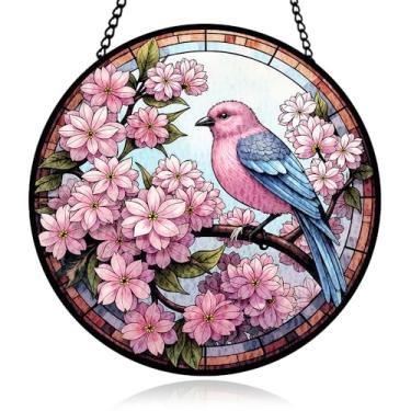 Imagem de Vitral de flores de cerejeira, painel de apanhador de sol de pássaros para ambientes internos e externos, enfeite de vidro de flores de cerejeira para parede, decoração de varanda de varanda