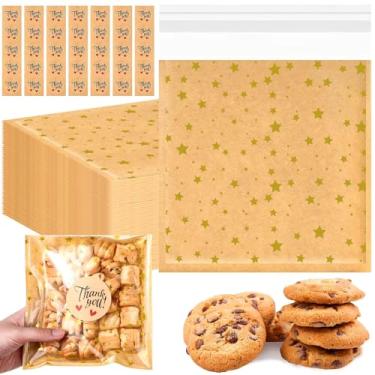 Imagem de Fuyoooo 50 sacos autoadesivos para biscoitos 19 x 19 cm, sacos de doces de plástico com adesivo de agradecimento, embalagem de lanche de padaria, presente de outono, casamento, Natal, aniversário