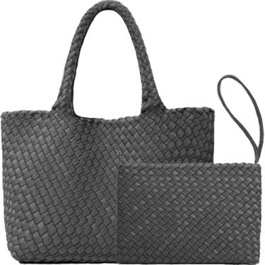 Imagem de JINMANXUE Bolsa feminina de neoprene de tecido de grande capacidade, bolsa de ombro casual feita à mão, Cinza Sudão, One Size