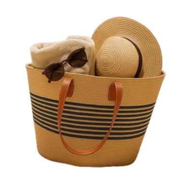 Imagem de Bolsa de Praia em Palha Listras Pretas Alças em Couro Marrom Design Casual de Verão Grande
