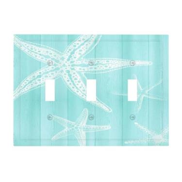 Imagem de BHGAHD Capas decorativas de placa de interruptor de madeira azul vintage estrela do mar náutica 3 gangues placa de cobertura de interruptor de parede triplo capas de interruptor de luz para quarto