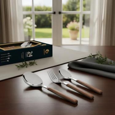 Imagem de Conjunto de Talheres Premium com Cabo de Madeira, Aço Inoxidável, Design Moderno, 24 Peças, Inclui Garfos, Facas e Colheres