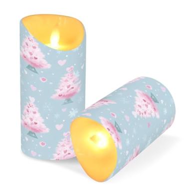 Imagem de Blueangle Pacote com 2 velas de árvore de Natal rosa sem chamas com controle remoto e temporizador, velas LED cintilantes (7,6 cm x 15 cm) para decoração de casa, casamento, acampamento (21)