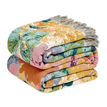 Imagem de Wzvzss Cobertor Boho – Cobertores 100% algodão para sofá de cama, 152 cm x 203 cm, musselina macia, leve, para outono, decoração de cama Bohemain com pintura a óleo, colcha verde