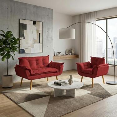 Imagem de Kit Namoradeira Decorativa e Poltrona Para Sala Recepção Manicure Consultório Escritório Alice Tecido Suede (Bordô)