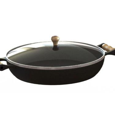 Imagem de Frigideira Ferro Fundido com Tampa Vidro Alças Madeira 28Cm