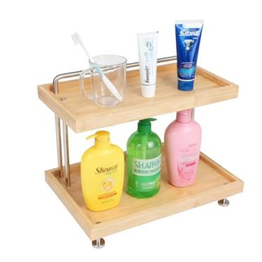 Imagem de Prateleira de canto de 3 andares Hynawin para armazenamento de bambu e metal, prateleira de mesa, prateleiras para prateleiras, organizador de espaço - Rack ajustável para cozinha, quarto, escritório, melhor decoração de casa Rectangle Shelf