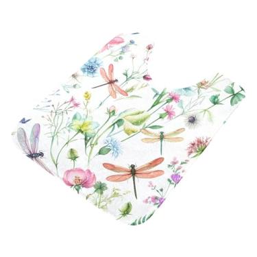 Imagem de Burbuja Tapete de banheiro com flores e libélulas, tapete de banho absorvente de pelúcia macio, base antiderrapante para piso de banheiro, oval em forma de U
